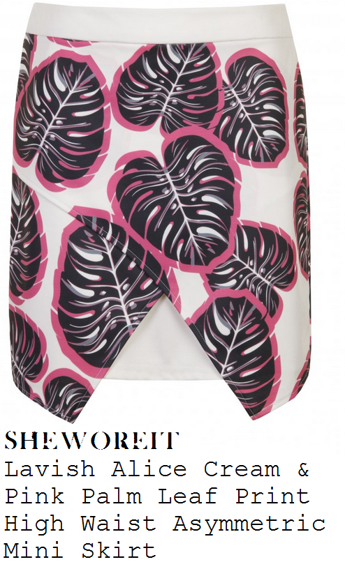 ferne-mccann-cream-white-black-and-pink-palm-leaf-print-asymmetric-mini-skirt-chloe-simms-beauty-bar