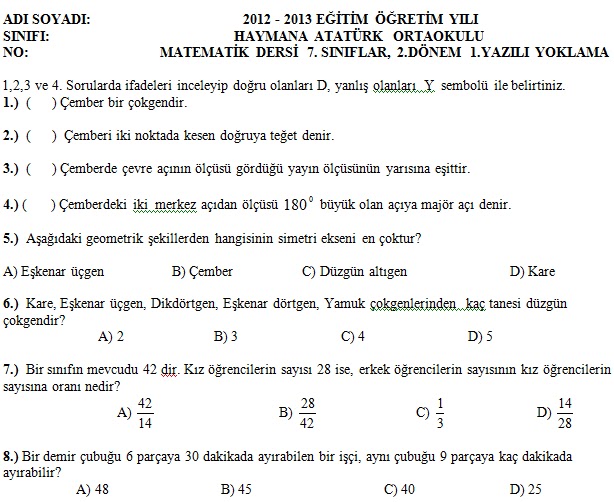 7. Sinif Matematik 2. Dönem 1. Yazılı Sınav Soruları - Matematik-Tr