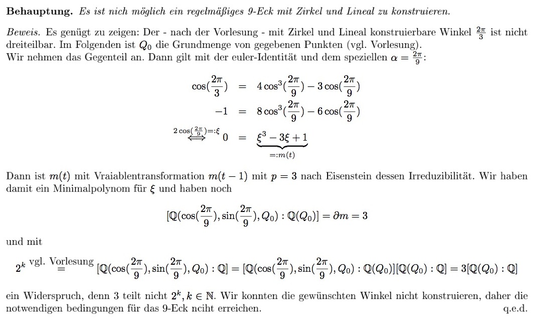 Craig's Jotter: Ein regelmäßiges 9-Eck lässt sich nicht mit Zirkel und