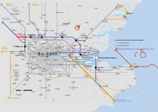 new london orbital rail linking high speed and radial rail routes new london orbital rail linking high speed and radial rail routes Thames Hub Project by foster + partners, Britain