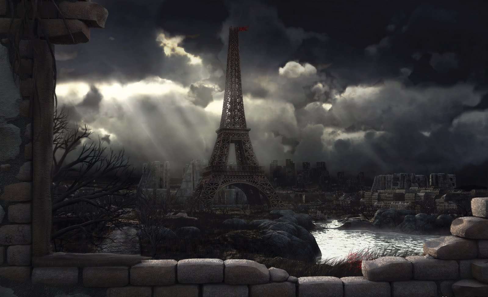 Ruined Paris dark city apocalypce wallpaper background