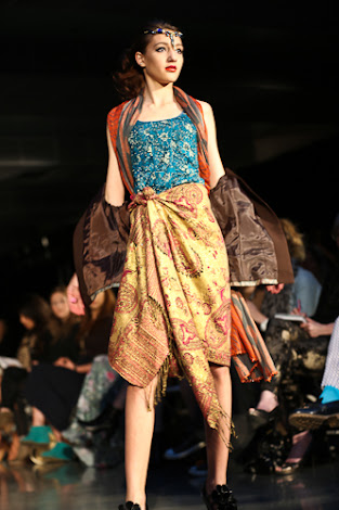 ecofashion week value village thrift chic show, posing in vintage, thrift chic fall looks, floral jacket and scarf skirt and shawl