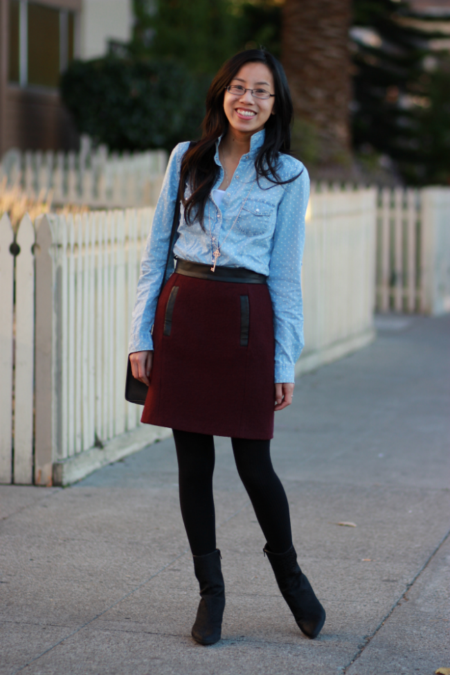 leather trim wool pencil skirt office wear appropriate