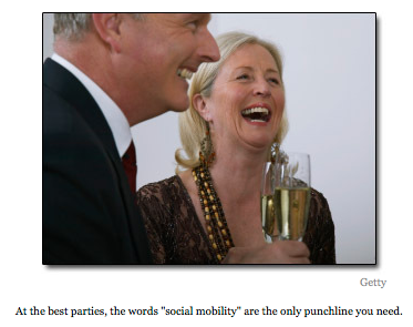Photo of wealthy-looking people laughing with champagne glasses and caption At the best parties, the words social mobility are the only punchline you need
