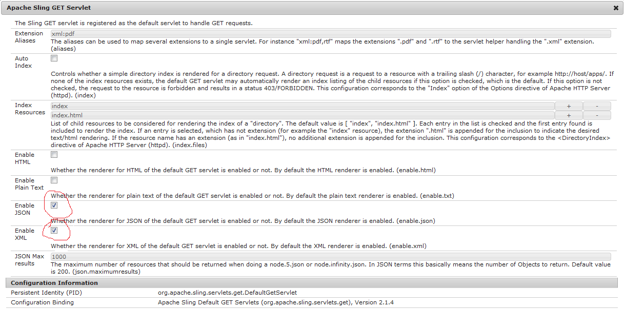 disabling the xml and json render in adobe cq5aem