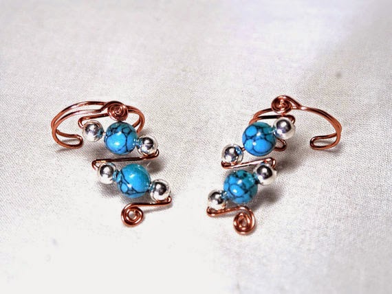 Brass EarCuffs with Silver and Turquoise Beads Brass EarCuffs with Silver an Turquoise Beads