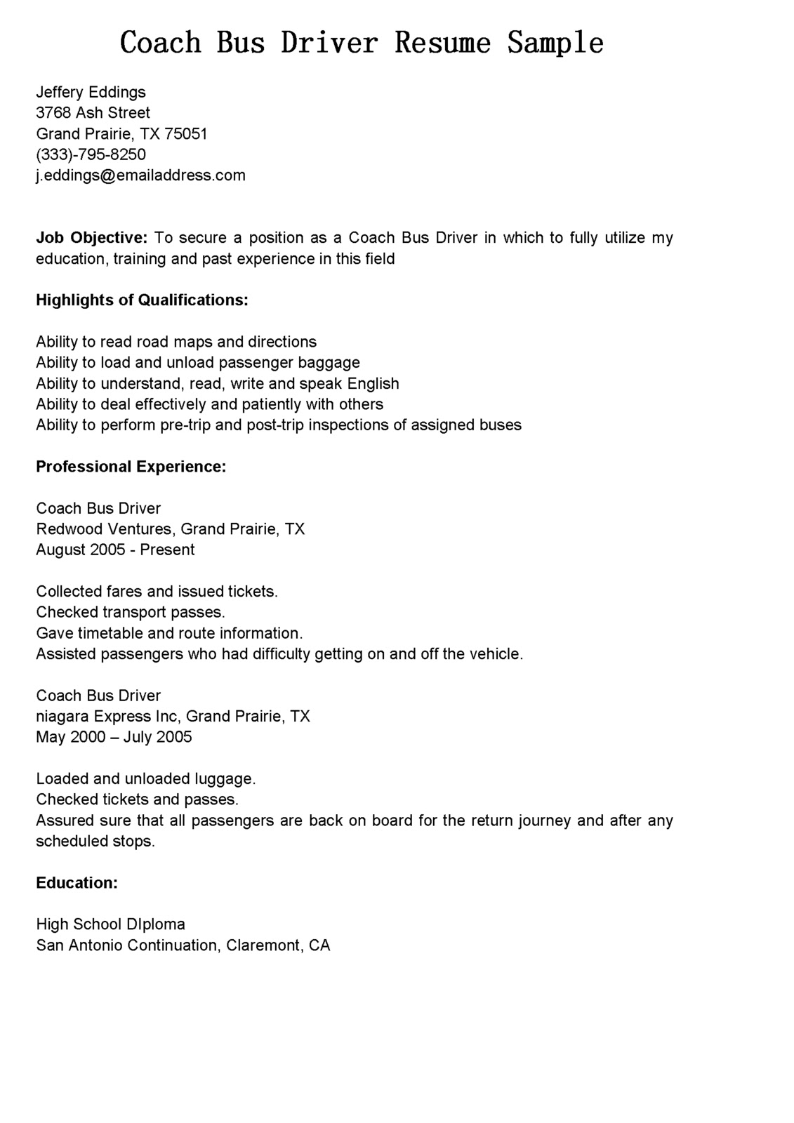 driver resumes  coach bus driver resume sample