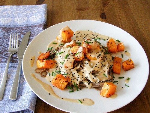 Chilli Roasted Butternut Squash with Soba Noodles and a Miso-Tahini Sauce