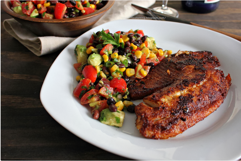 Chocolate dust Blackened chipotle tilapia with black bean salad
