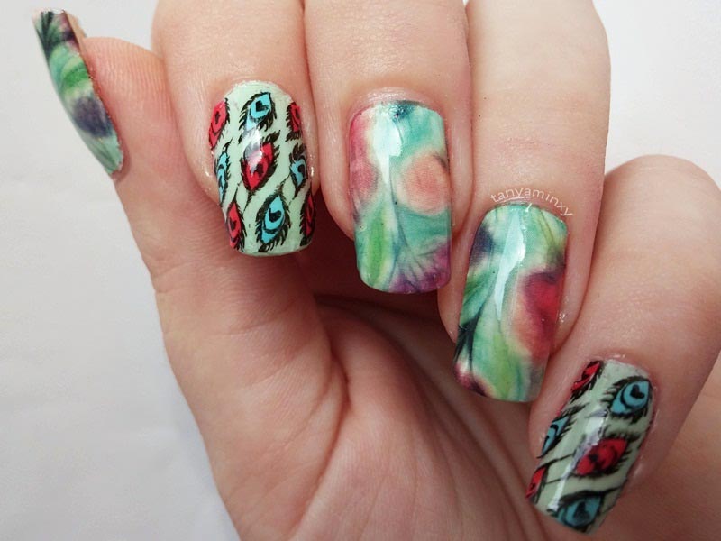 BPS Water And Stamping Decals Pastel Green Blue Coral Flowers Feathers Nails Nail Art Design Manicure