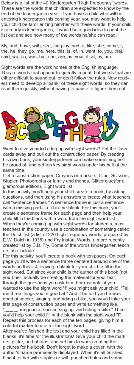 Kindergarten high frequency words