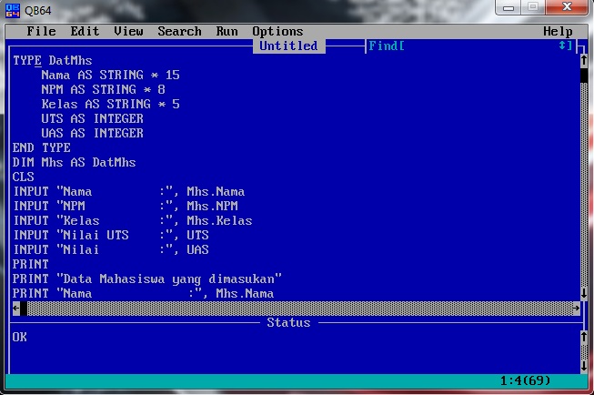 Program QBASIC untuk Menghitung Nilai UTS dan UAS (Laporan Akhir Lab.TI Dasar) Program QBASIC untuk Menghitung Nilai UTS dan UAS (Laporan Akhir Lab.TI Dasar)