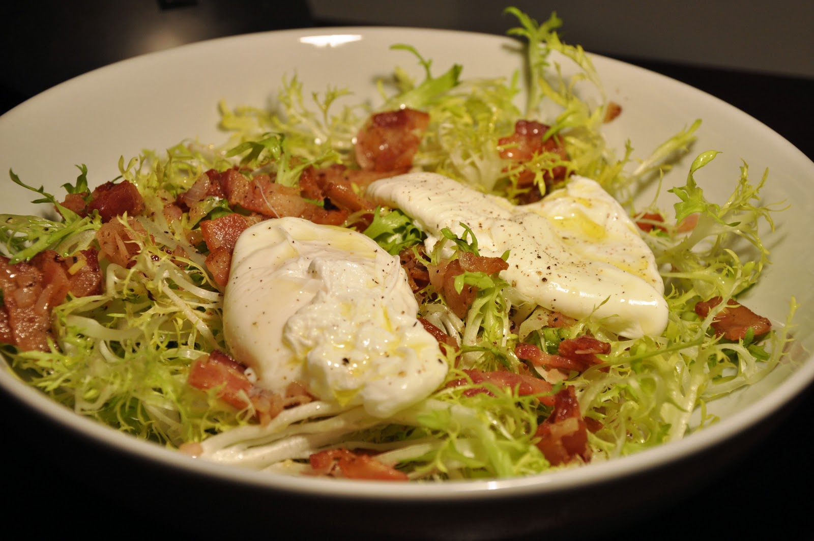 Slice of Rice SaltRoasted Salmon and Frisee Salad with Lardons and