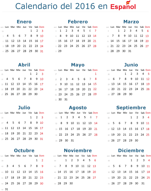 Calendario básico 2016 en español - Vector