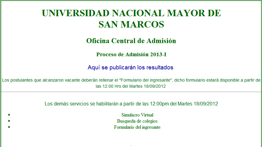 Resultados UNMSM 2012 II Ingresantes Admision 2 de Setiembre