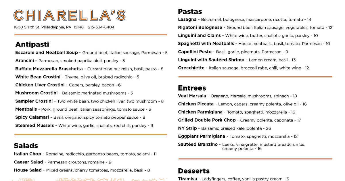 Usen Gandara Art/Design Chiarella's, logo, menu. Philadelphia PA