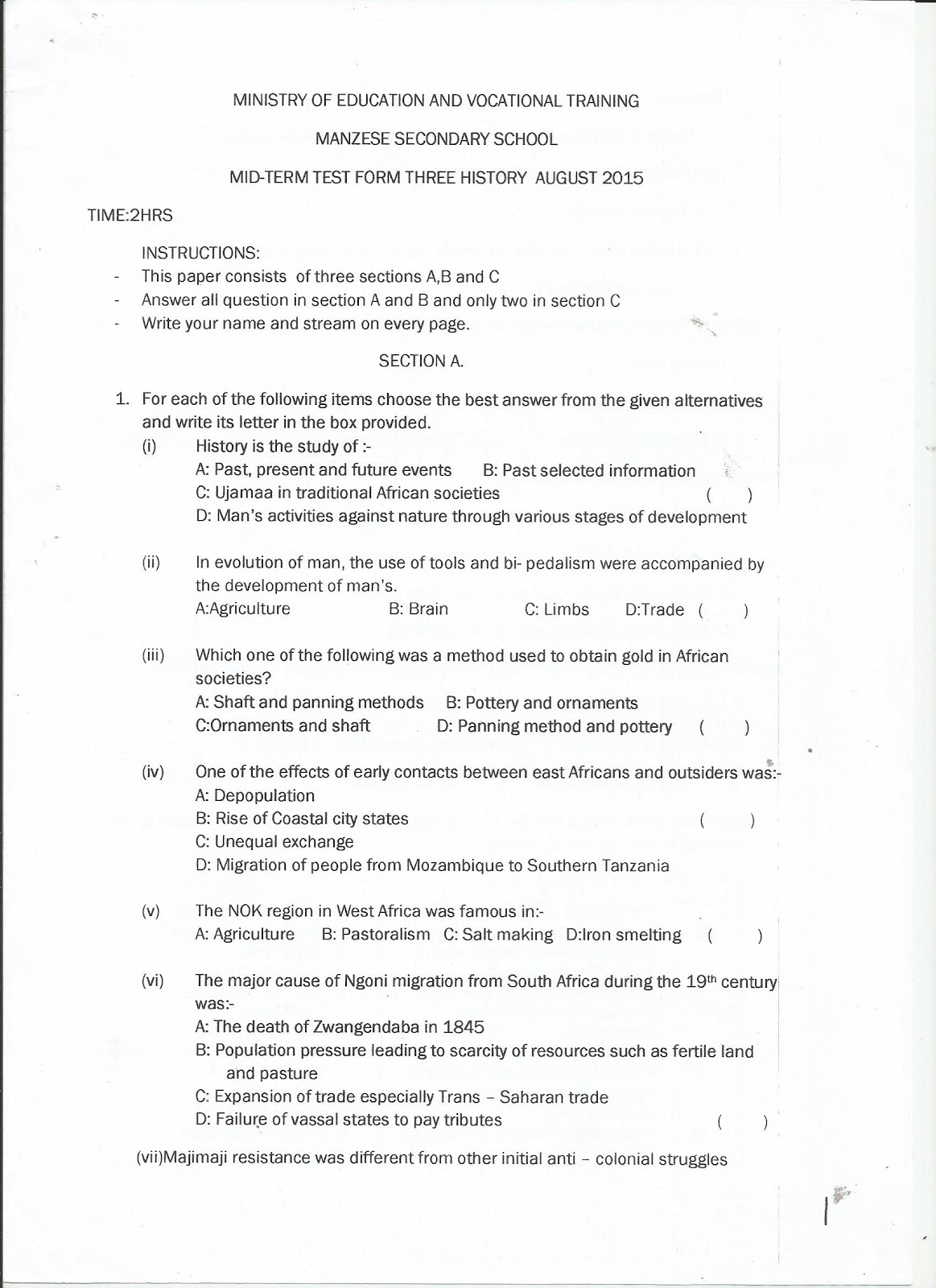 ART STUDIES BLOG HISTORY MIDTERM TEST FORM THREE AUGUST 2015