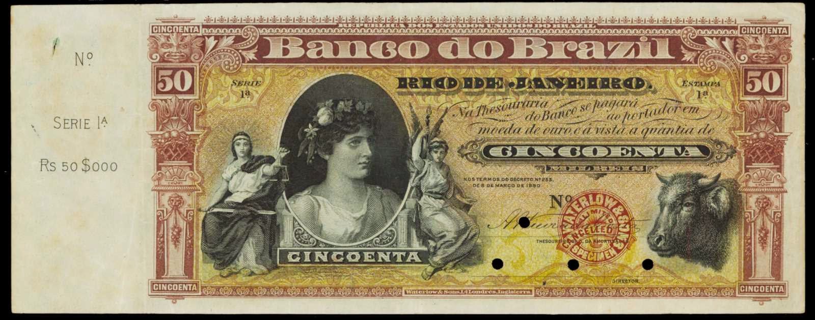 Brazil 50 Mil Reis banknote 1890 Banco Do BrazilWorld Banknotes