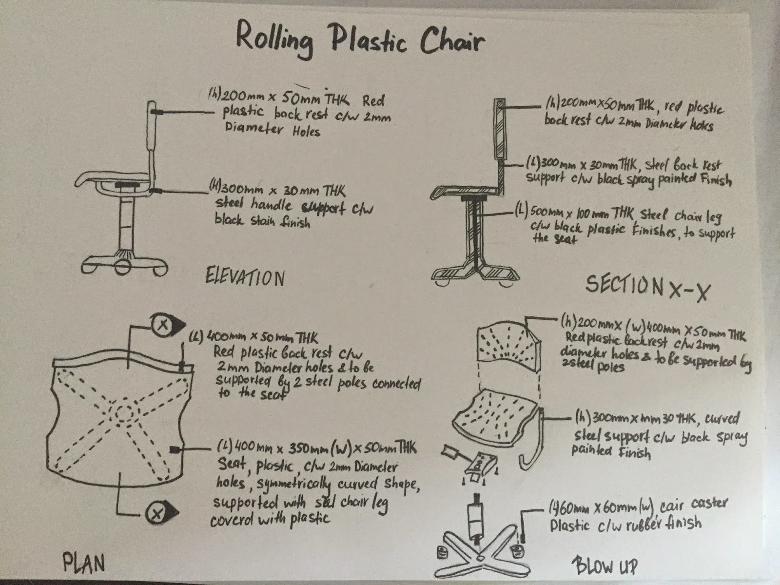 Detailing and Working Drawings Rolling Adjustable Chair