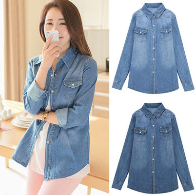 Kemeja Jeans Denim Blouse Lengan Panjang Casual Kemeja Jeans Denim Blouse Lengan Panjang Casual