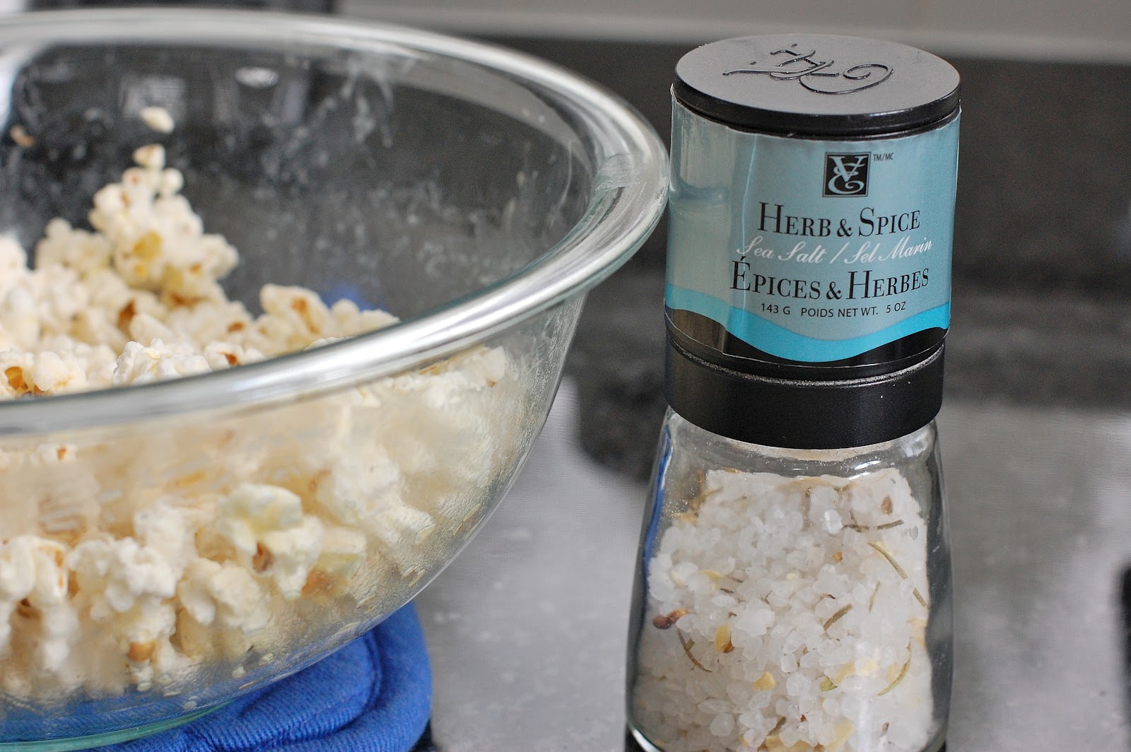 In Michelle's Kitchen Microwave Popcorn in a Glass Bowl