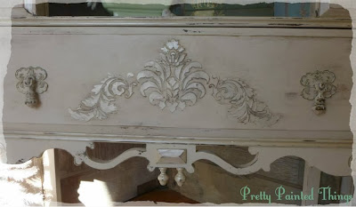 Applying Artists Medium And Appliques On A 1928 China Cabinet Makeover By Pretty Painted Things & Other Things That Make Me Happy - Featured On Furniture Flippin'