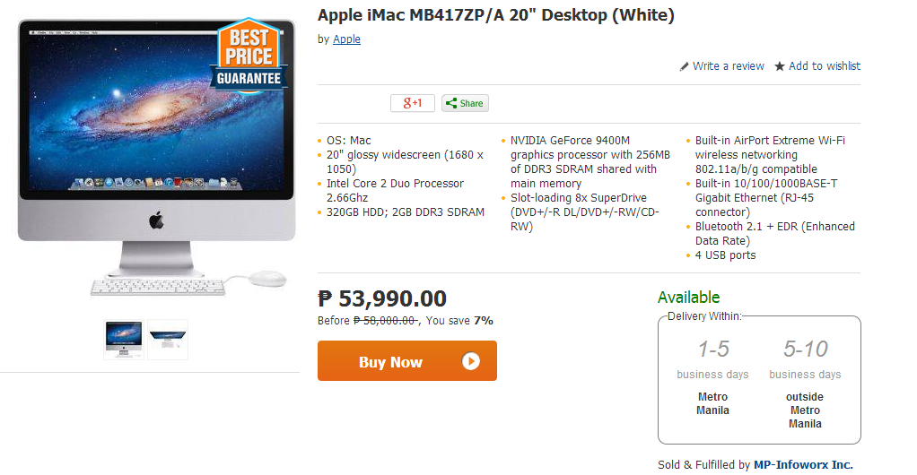 Apple iMac MB417ZP/A 20" Desktop (White) Apple iMac MB417ZP/A 20" Desktop (White)