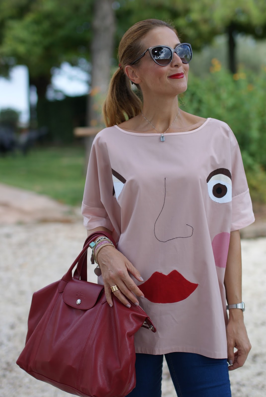 Rose a Pois blouse, skinny jeans and Longchamp Le Pliage cuir bag on Fashion and Cookies fashion blog, fashion blogger style
