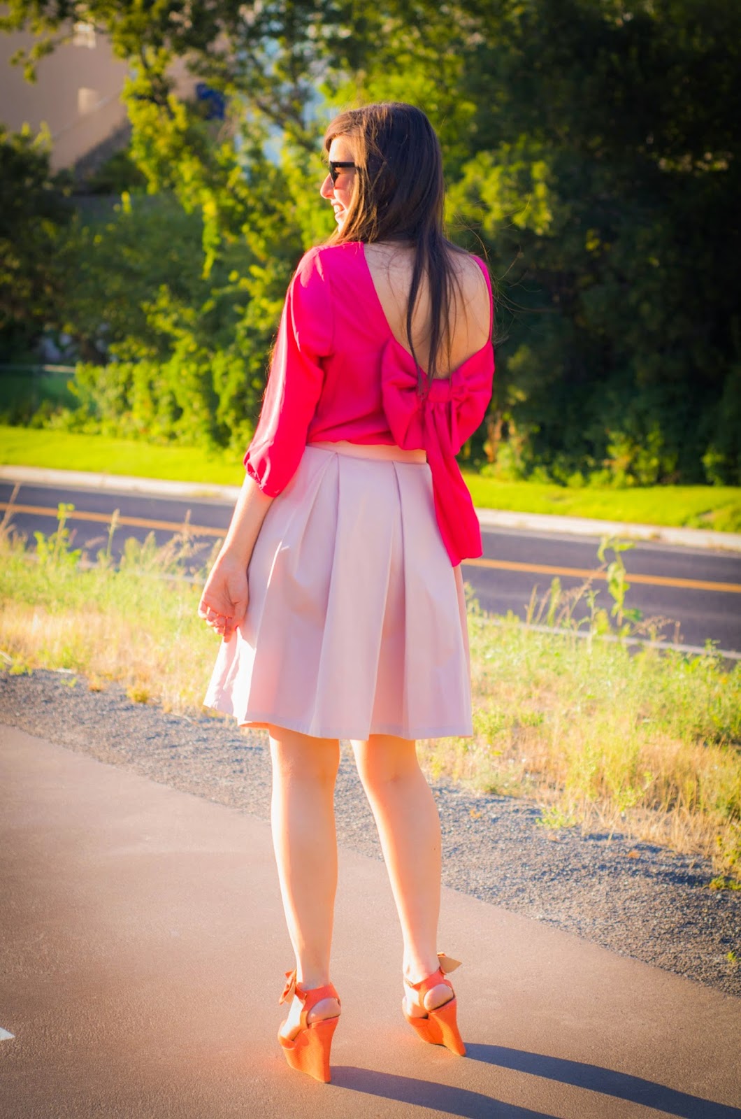 bow outfit, bow back, bow skirt, bow shirt, 3/4 sleeve bow top, pink skirt, pink pleated skirt, how to wear a bow back shirt, midi skirt, bow wedges, what to wear with wedges, bow outfit, bow back, bow skirt, bow shirt, 3/4 sleeve bow top, pink skirt, pink pleated skirt, how to wear a bow back shirt, midi skirt, bow wedges, what to wear with wedges,
