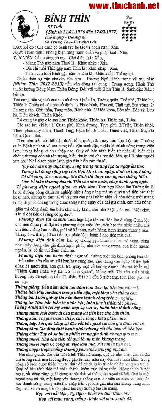 Tử vi tuổi Bính Thìn năm 2012