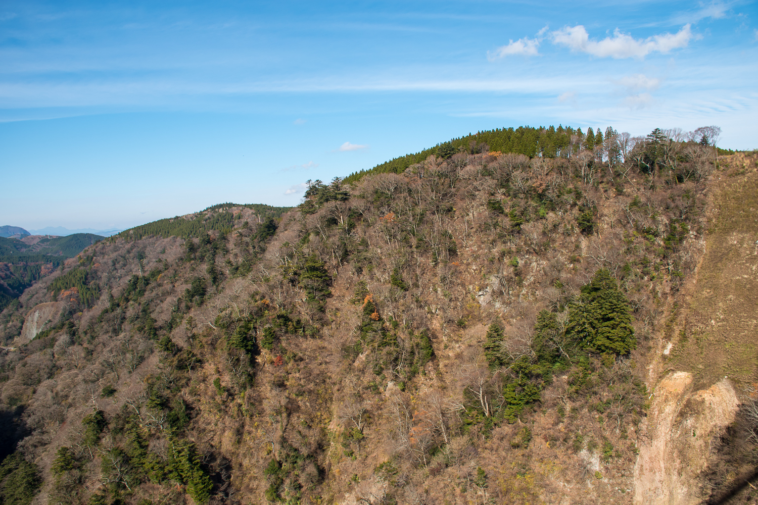 View on top of a suspension bridge Susepension bridge with mountains and terrain