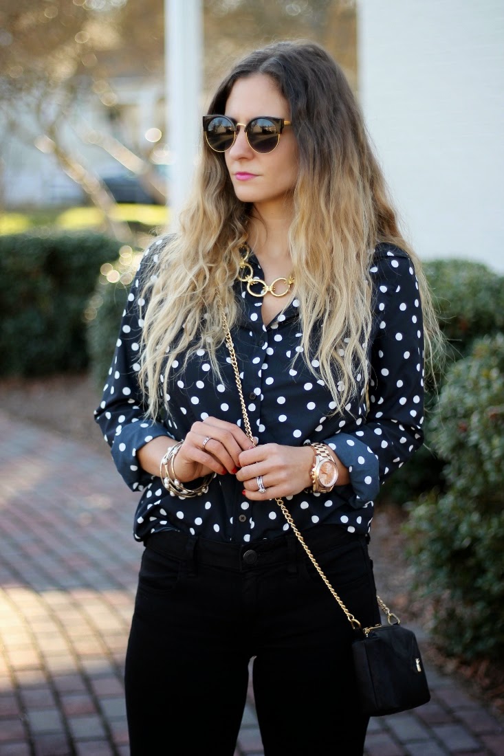 white polka dot shirt outfit