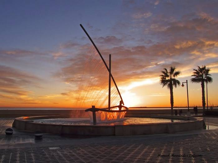 Playa de la Malvarrosa in Valencia, Spain and known simply as Water Boat Fountain (or Fuente del Barco de Agua in Spanish) by visitors and locals alike, the sculptural fountain creates the illusion of both the hull and the sail of a boat with liquid jets.