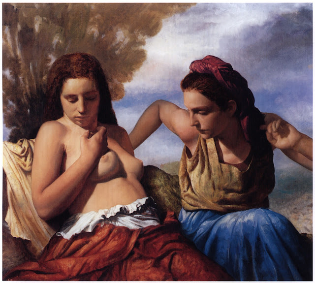 a painting of two women, one topless, sitting together