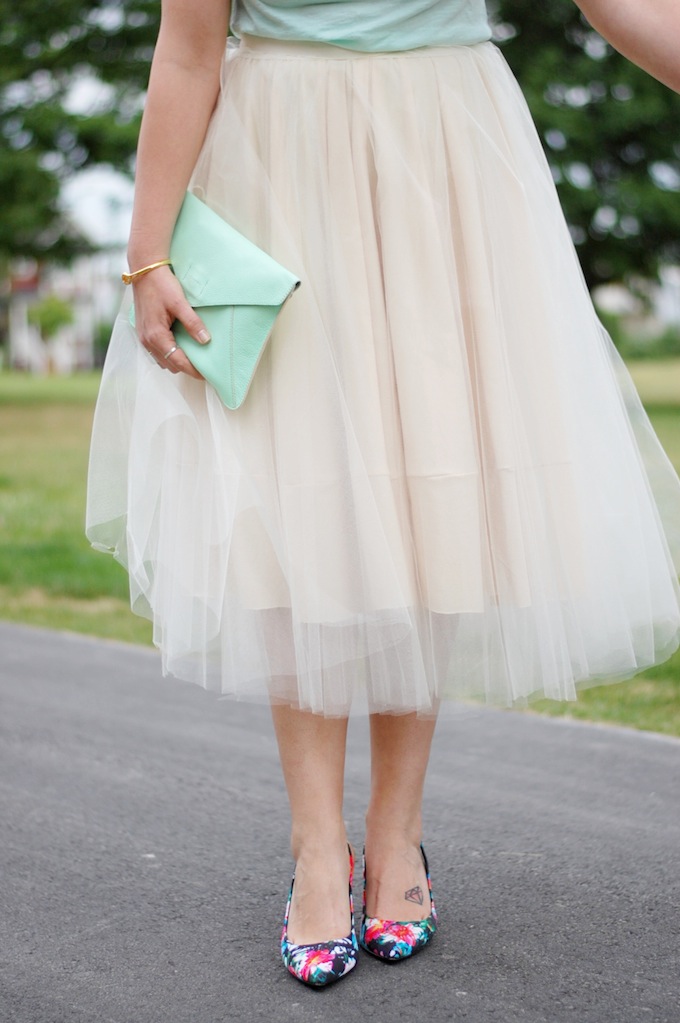 DIY tulle skirt, Old Navy mint top, Aldo floral heels Vancouver fashion blog Covet and Acquire