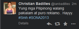 negative reaction of pnoy sona 2012 According to social media analysis tool senti, twitter data gathered throughout the president's term showed that negative sentiment towards him just about outweighs the positive sentiment tweets using the keywords pnoy, noynoy aquino, president aquino, president noynoy, sona, and sona2015, between december 4, 2010. negative reaction of pnoy sona 2012 According to social media analysis tool senti, twitter data gathered throughout the president's term showed that negative sentiment towards him just about outweighs the positive sentiment tweets using the keywords pnoy, noynoy aquino, president aquino, president noynoy, sona, and sona2015, between december 4, 2010.