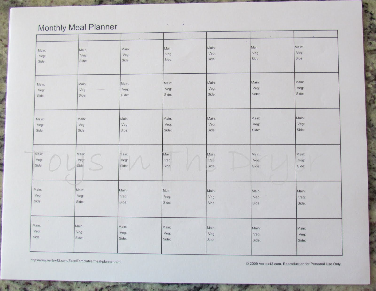 blank meal calendar