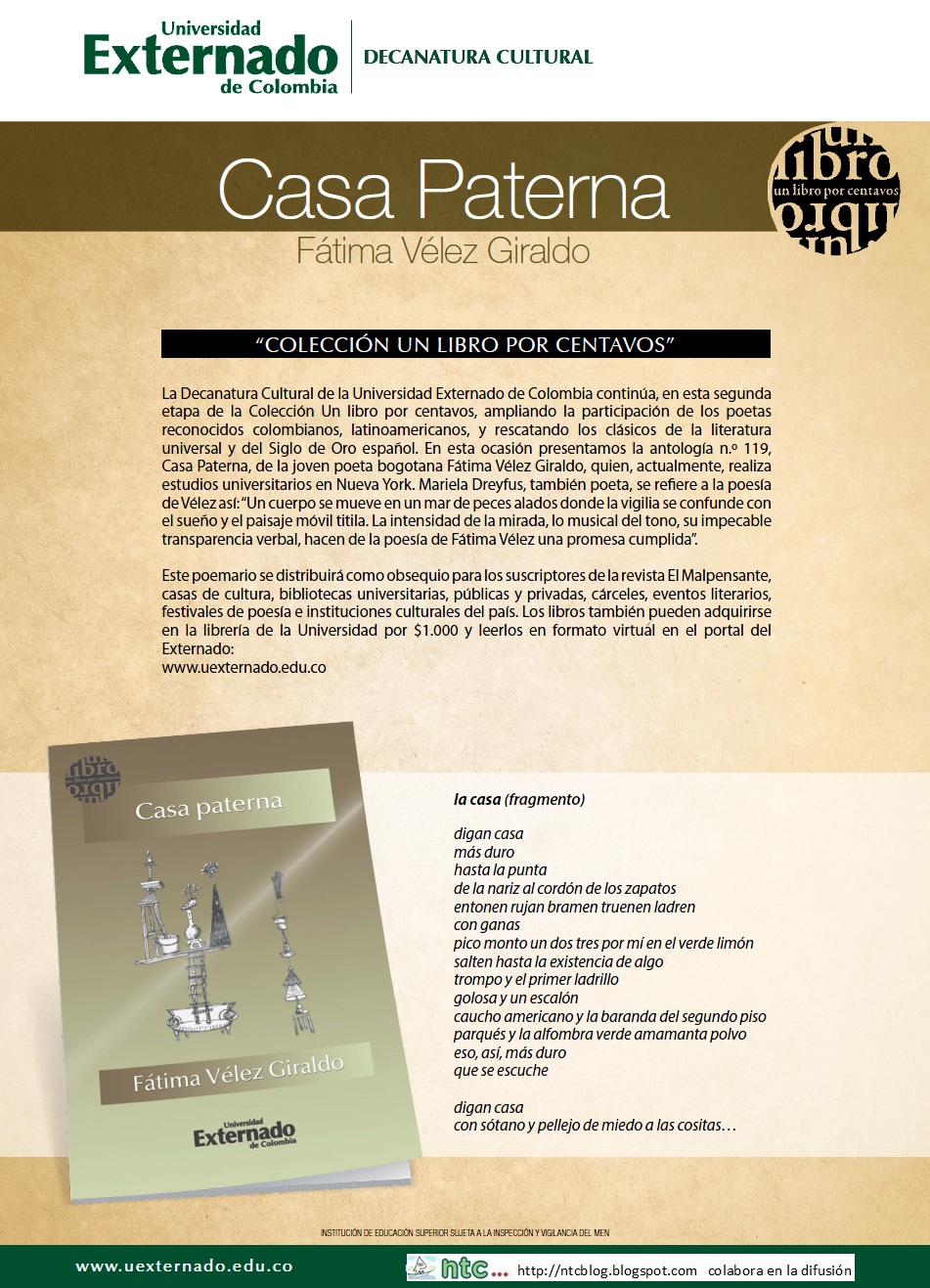 NTC LIBROS de POESÍA: Casa Paterna. Fátima Vélez Giraldo. No. 119