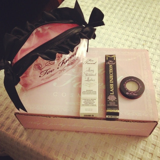 makeup, make up, too faced, pink make up bag, pretty make up packaging, pink packaging, beautiful make up, long stemmed lashes 24 hr lash boosting system liner and serum, too faced liner, too faced lag injection tube lashes, two faced bronzer, full simple make up system