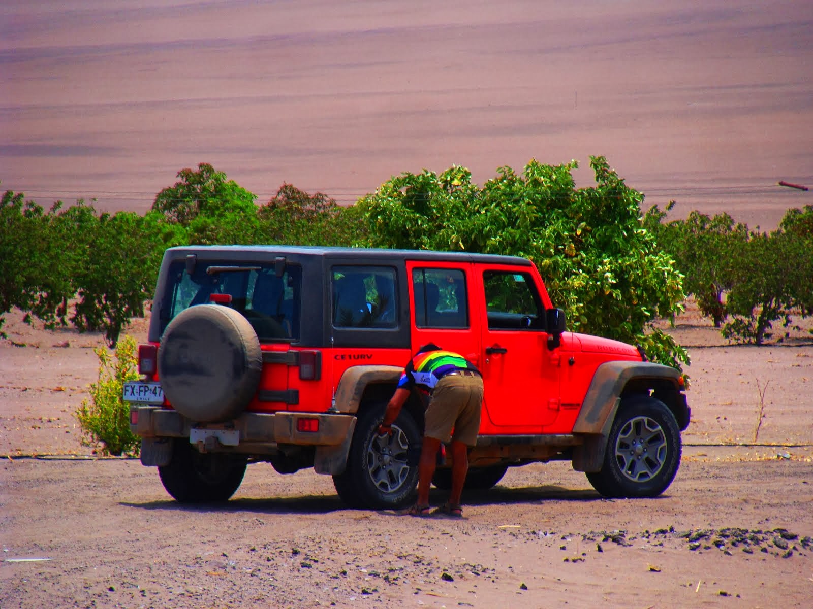 Revisión de los neumáticos para surcar el desierto.