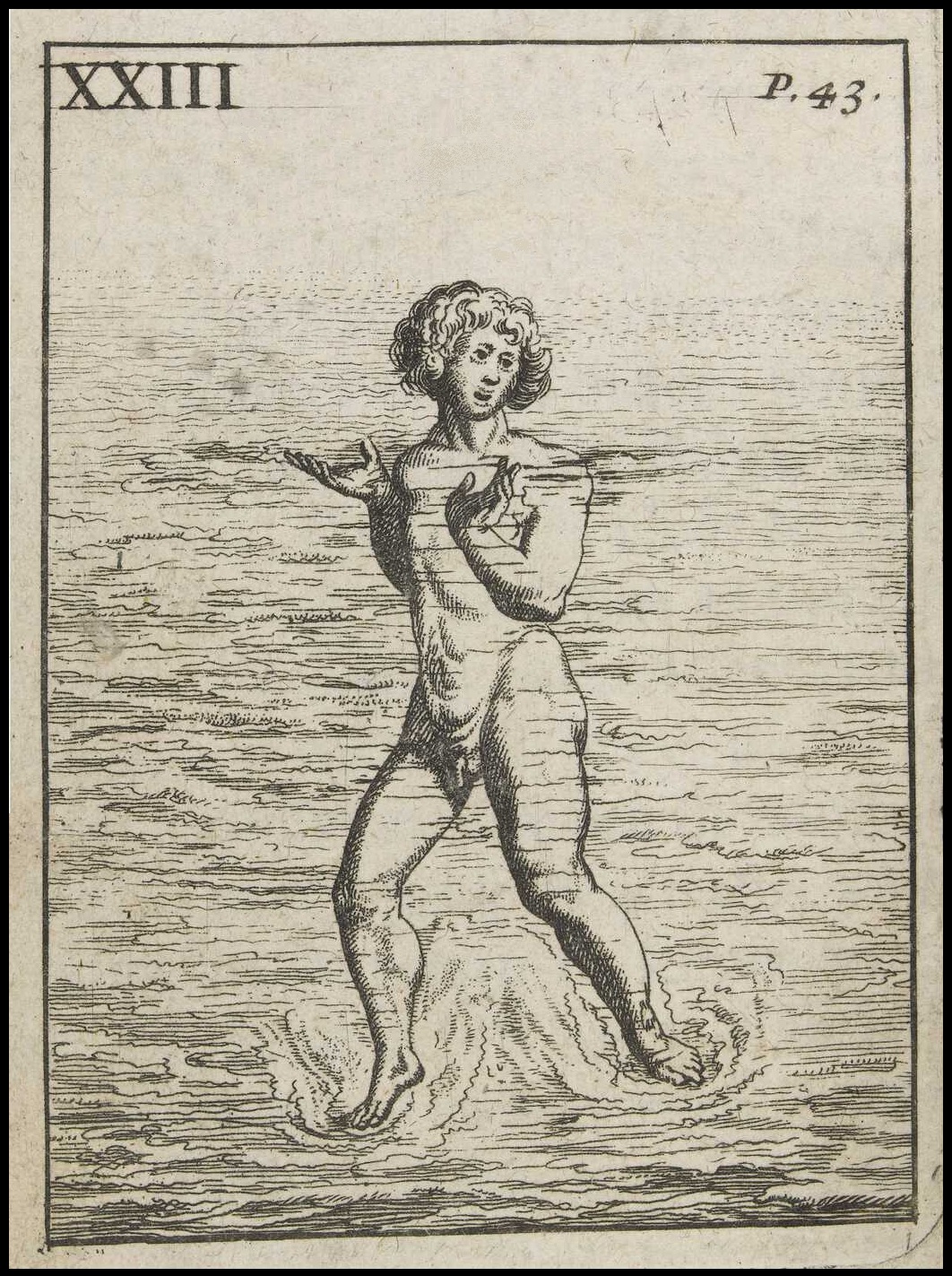 crude woodcut of swimmer treading water