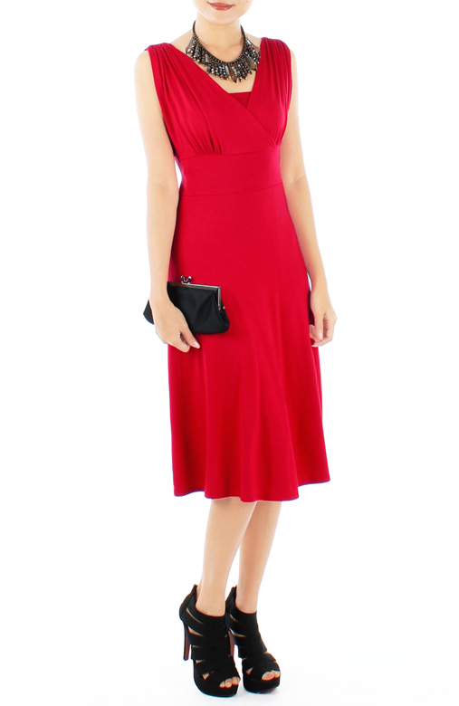 Ethereal Ruche V-Neck Flare Dress in Midi Length