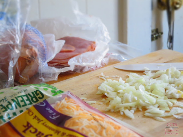 deli ham, cheese, onion, butter, breadcrumbs, oil, salt