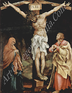 This panel was originally painted on the back with a picture of Christ Carrying the Cross, but it was sawn apart in the 19th century so both images could be displayed. In his last representation of the Crucifixion, Grunewald has made the figure of Christ even more huge and dominating. This panel was originally painted on the back with a picture of Christ Carrying the Cross, but it was sawn apart in the 19th century so both images could be displayed. In his last representation of the Crucifixion, Grunewald has made the figure of Christ even more huge and dominating.