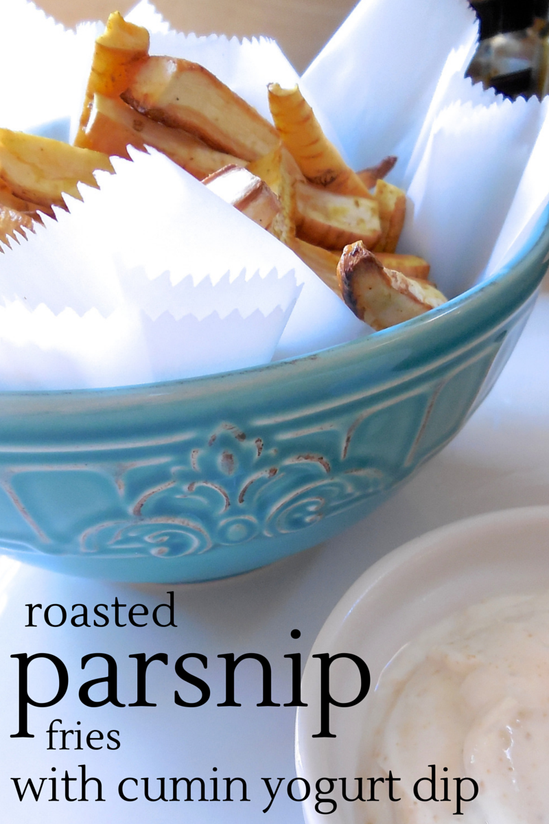 NourishRDs {Recipe ReDux} Roasted Parsnip Fries with Cumin Yogurt Dip