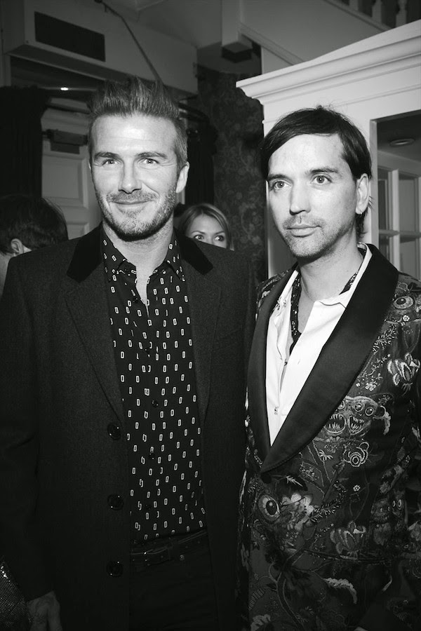 David Beckham wears Saint Laurent rectangular print black shirt - The Another Man Party hosted by David Beckham and Alister Mackie 21st November 2014