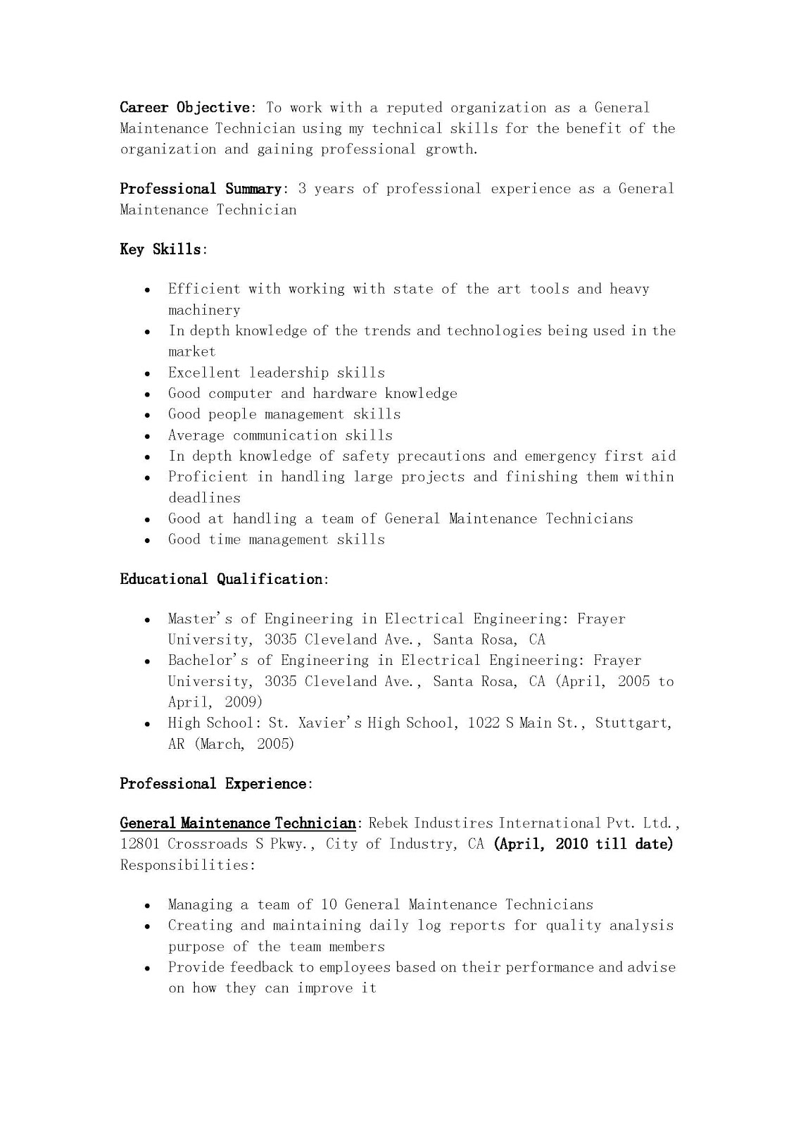 sample resume maintenance worker