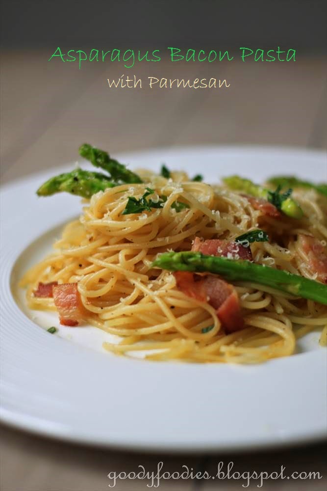 GoodyFoodies Recipe Asparagus Bacon Pasta with Poached Egg and Parmesan
