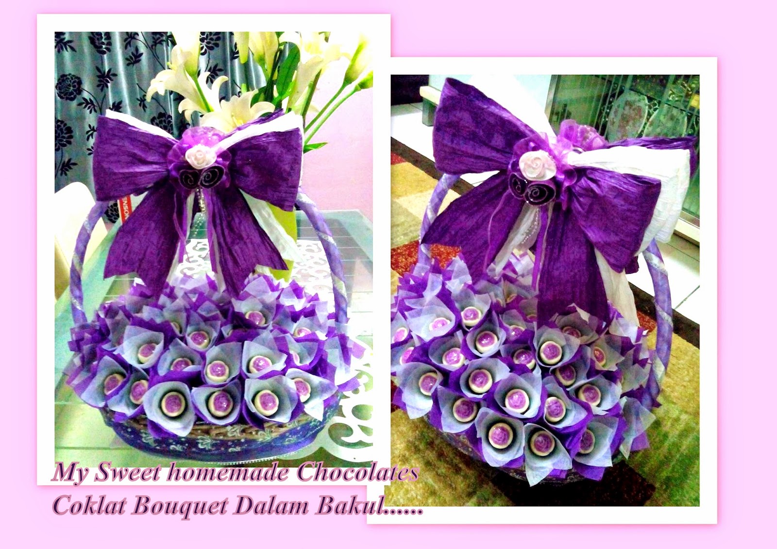 Sweet Homemade chocs: Coklat Bouquet Dlm Bakul - Tema Purple +