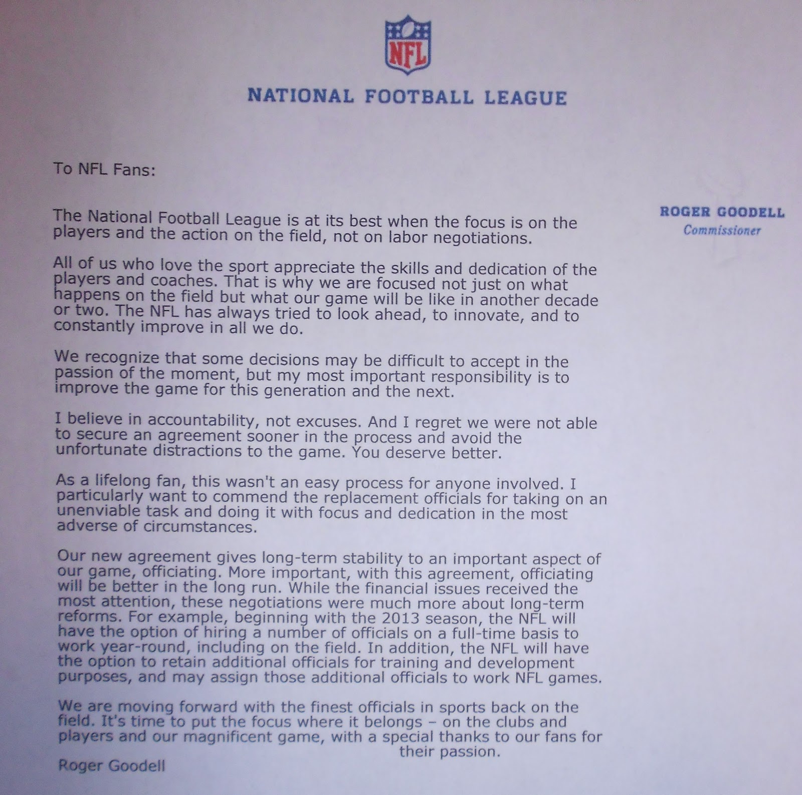 the other paper: NFL fans get apology letter from Roger Goodell